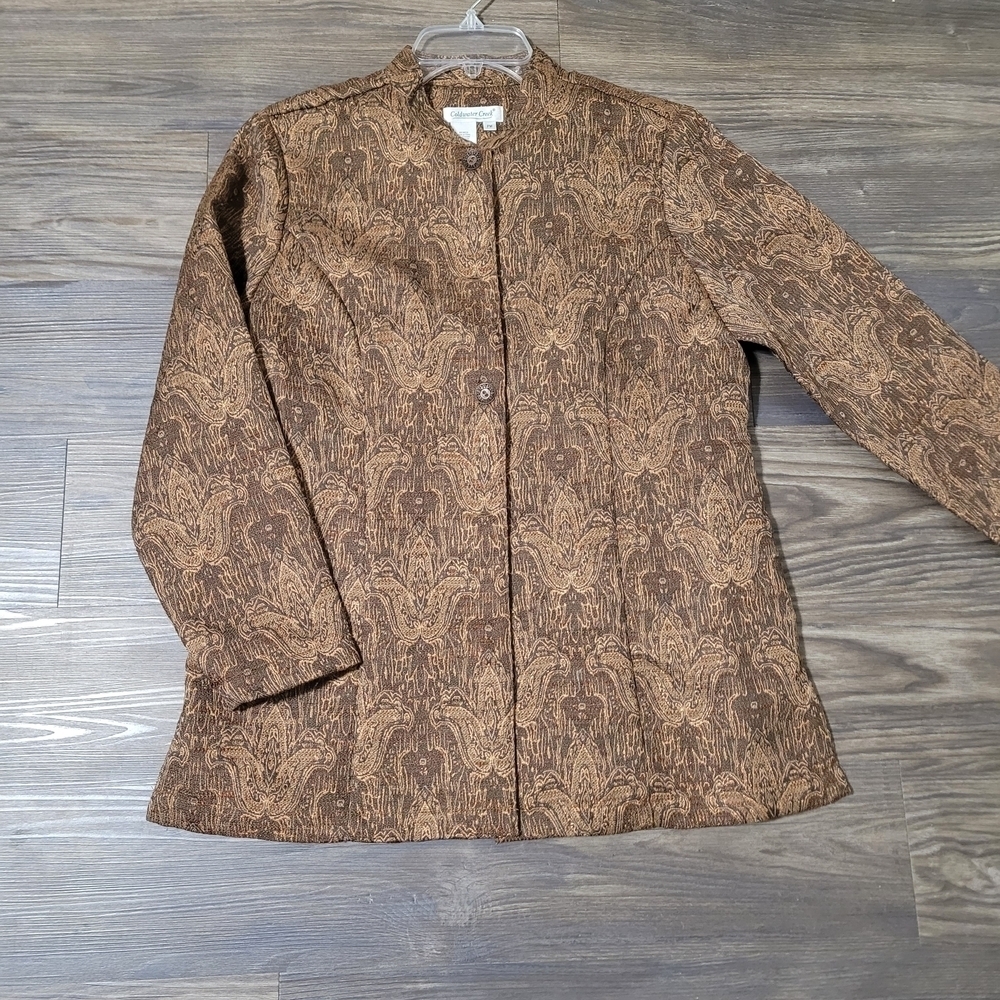 Coldwater Creek Brown Earthy Gold Metallic Paisley Women Blazer Jacket Size PM